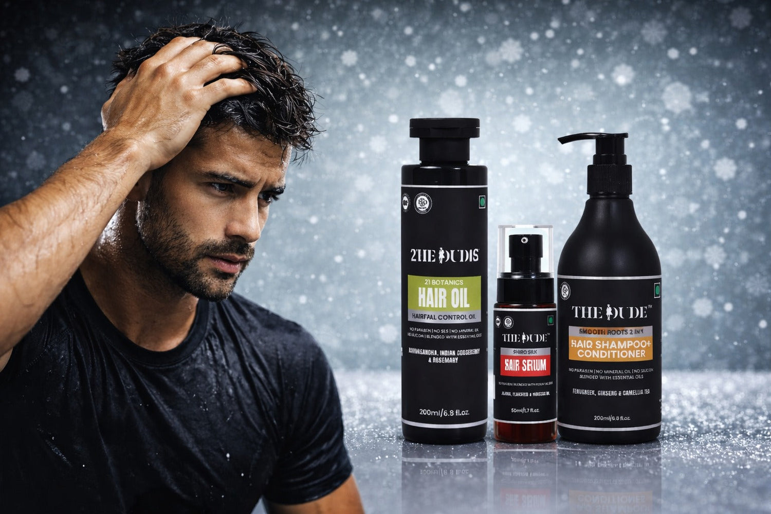 Man touching his hair beside hair oil, serum, and shampoo bottles on a snowy background.