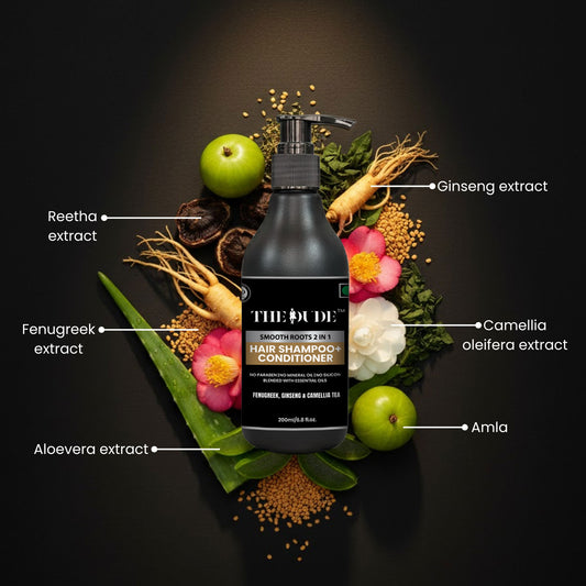 The Dude Smooth Roots with Fenugreek, Ginseng & Camellia Oleifera Hair Shampoo & Conditioner
