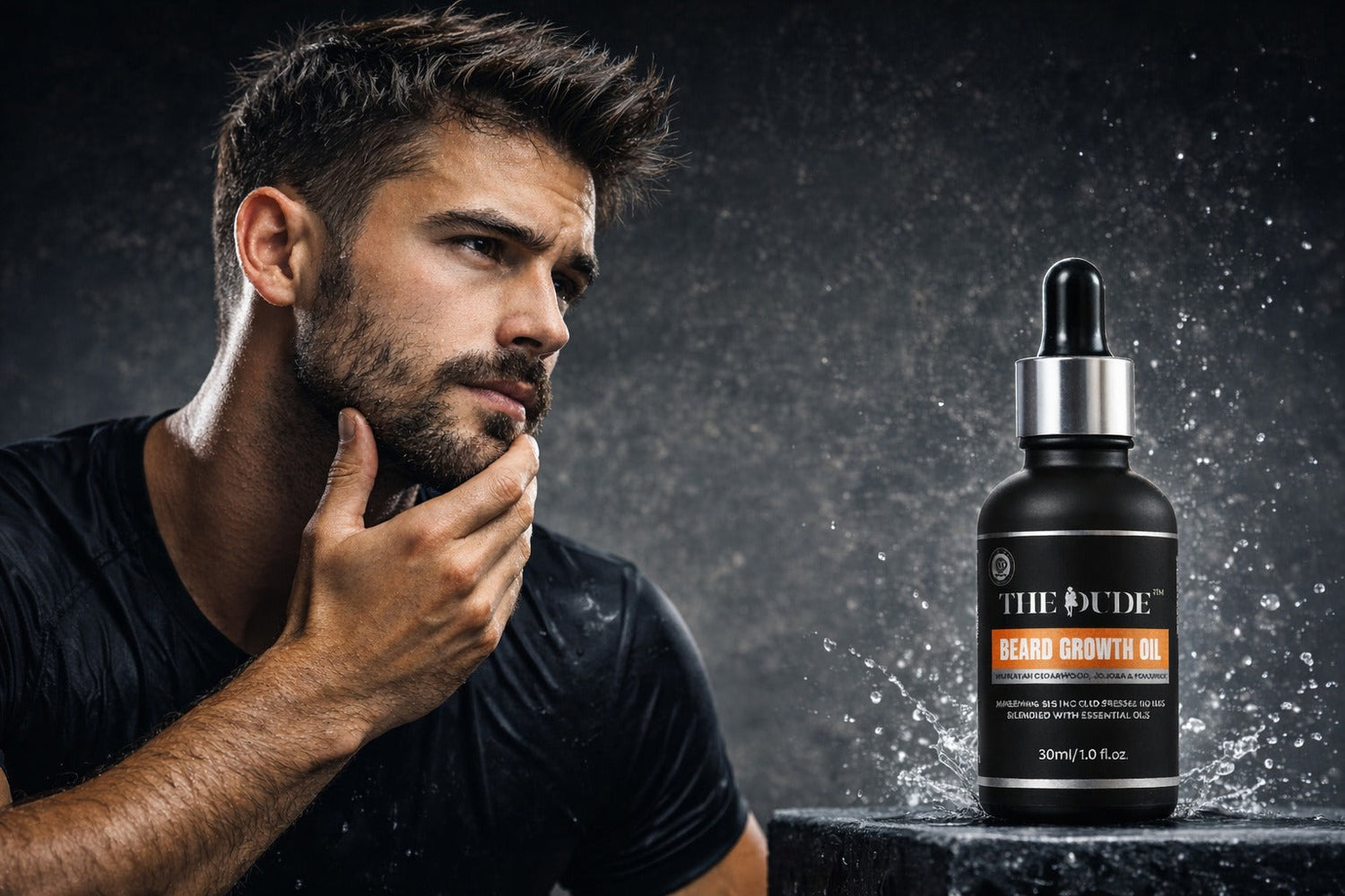 Man with patchy beard next to beard growth oil bottle.
