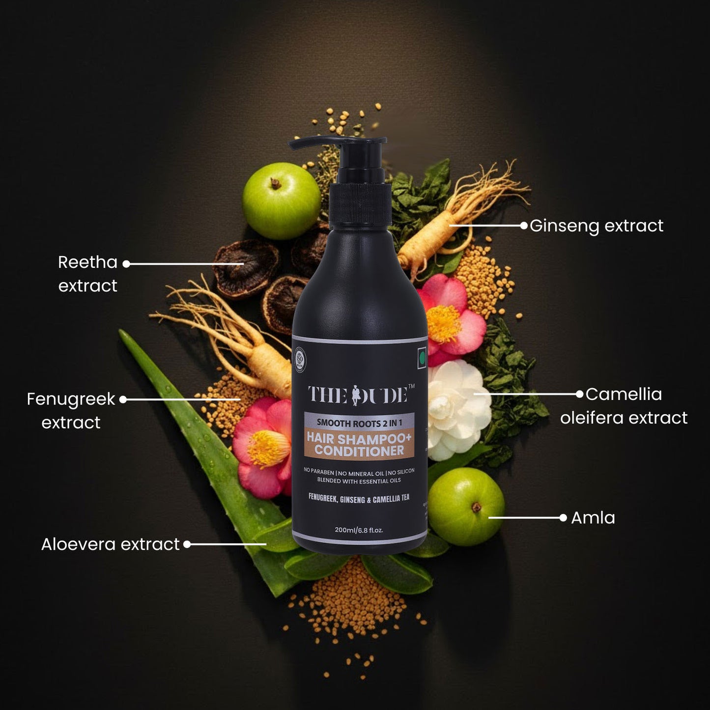 THE DUDE Smooth Roots 2-in-1 Shampoo & Conditioner for Men - 200 ml | Fenugreek, Ginseng & Camellia | Reduces Hair Fall & Dryness | Strengthens Roots
