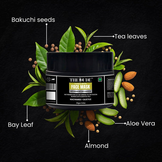 THE DUDE Clean Detox Face Mask for Men - 100 gm | Bakuchi Indian Bay Leaf | Deep Pore Cleansing | Helps Reduce Acne & Oil