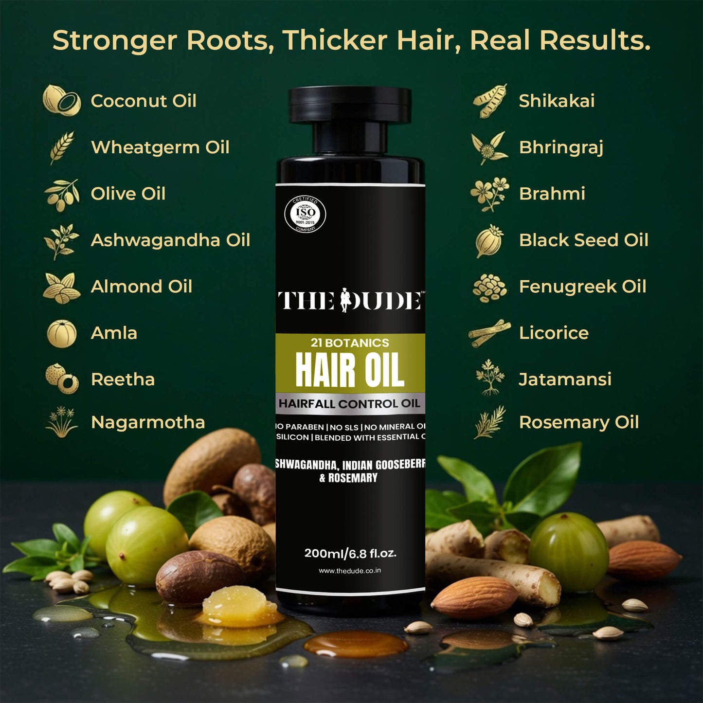 THE DUDE 21 Botanics Hairfall Control Hair Oil for Men - 200 ml | Ashwagandha, Brahmi & Rosemary | Reduces Hair Fall & Strengthens Roots | For Weak Thinning Hair