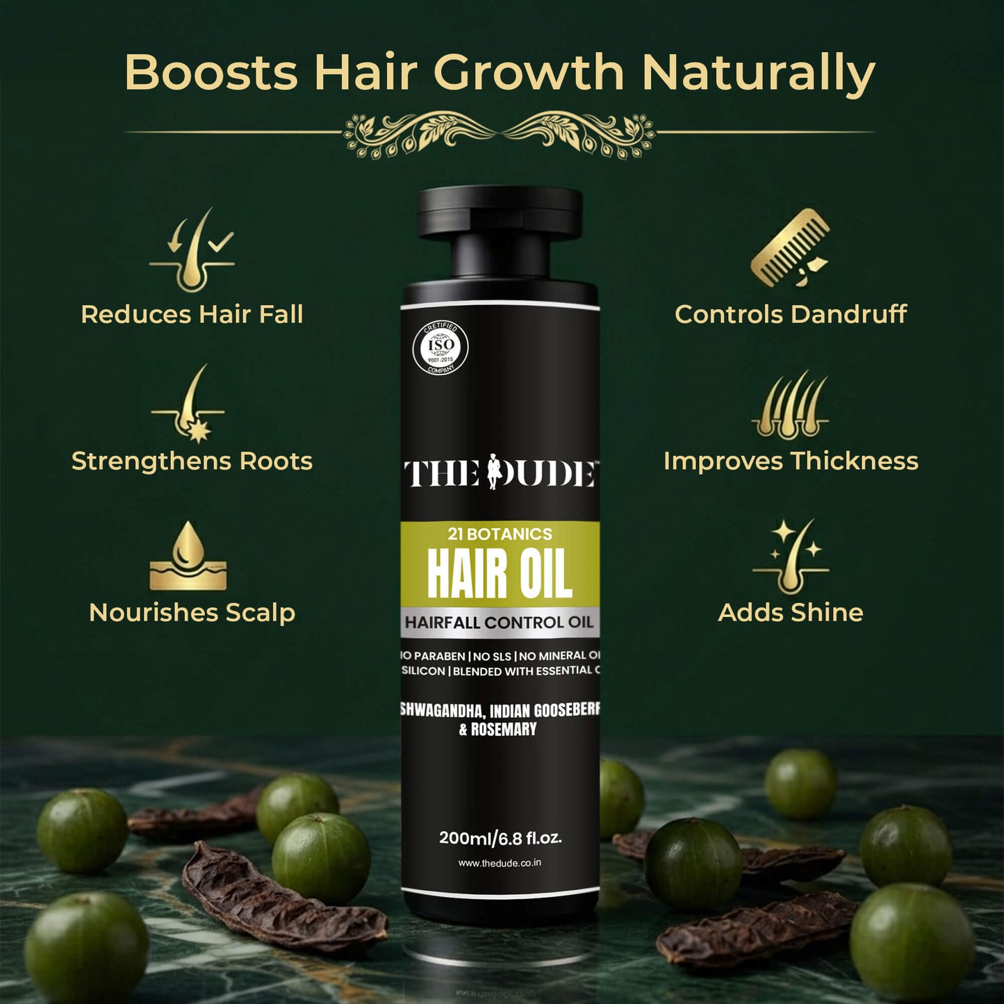 THE DUDE 21 Botanics Hairfall Control Hair Oil for Men - 200 ml | Ashwagandha, Brahmi & Rosemary | Reduces Hair Fall & Strengthens Roots | For Weak Thinning Hair