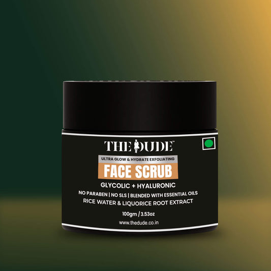 THE DUDE Ultra Glow Hydrating Face Scrub for Men - 100 gm | Glycolic & Hyaluronic Acid | Deep Exfoliation | Removes Dead Skin & Dullness