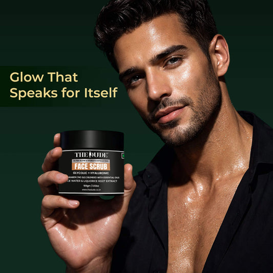 THE DUDE Ultra Glow Hydrating Face Scrub for Men - 100 gm | Glycolic & Hyaluronic Acid | Deep Exfoliation | Removes Dead Skin & Dullness