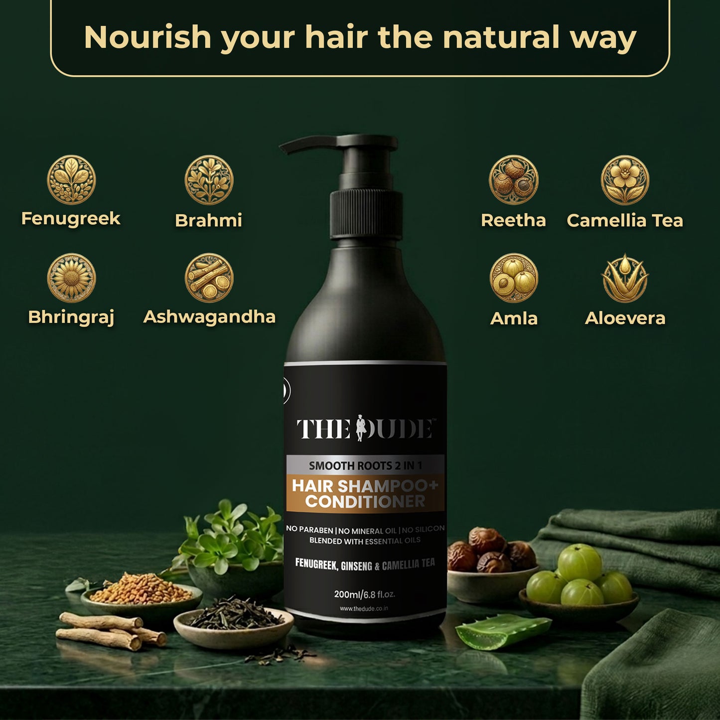 THE DUDE Smooth Roots 2-in-1 Shampoo & Conditioner for Men - 200 ml | Fenugreek, Ginseng & Camellia | Reduces Hair Fall & Dryness | Strengthens Roots