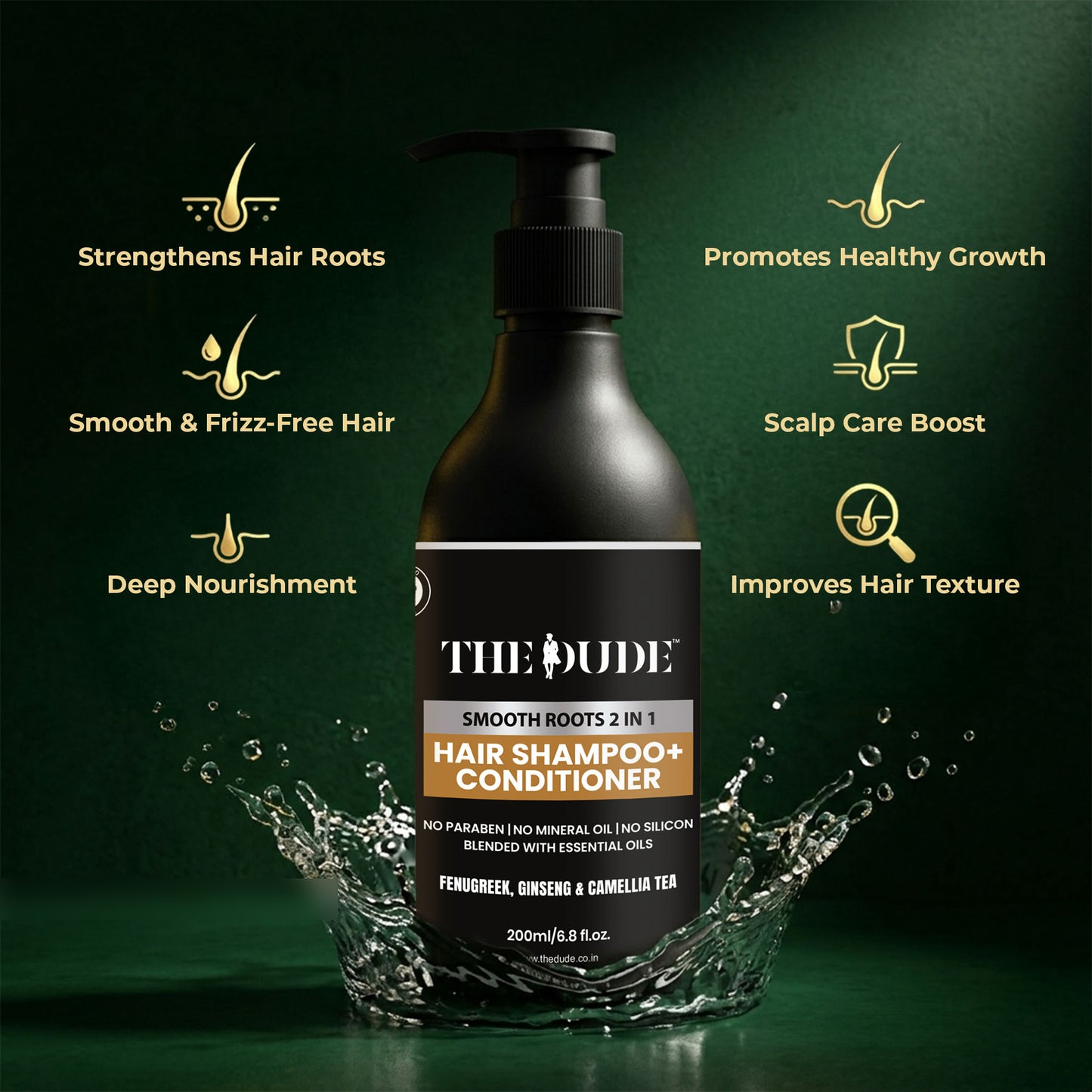 THE DUDE Smooth Roots 2-in-1 Shampoo & Conditioner for Men - 200 ml | Fenugreek, Ginseng & Camellia | Reduces Hair Fall & Dryness | Strengthens Roots