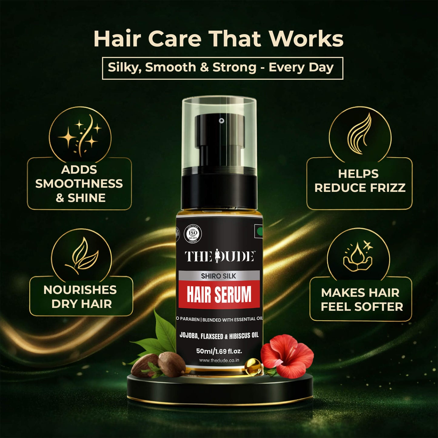 THE DUDE Shiro Silk Hair Serum for Men - 50 ml | Jojoba, Flaxseed & Hibiscus | Controls Frizz & Flyaways | Adds Shine & Smoothness to Dry Dull Hair