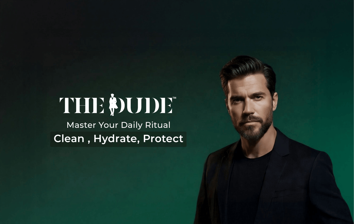 Man in black suit beside grooming brand text on green background