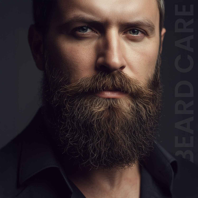 Close-up portrait of a bearded man with intense gaze.